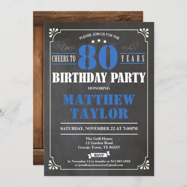 Cheers to 80 years birthday invitation. Retro Invitation (Front/Back)