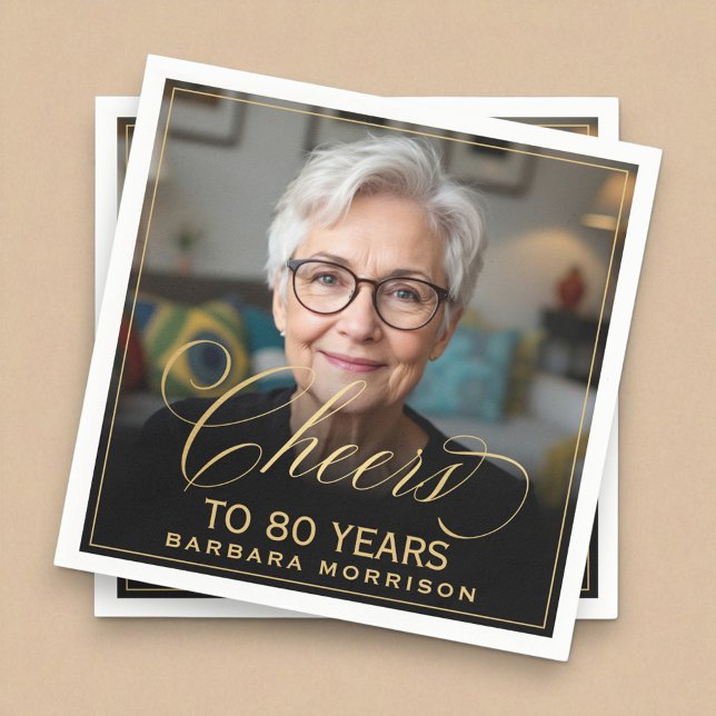 Cheers to 80 Years Birthday Photo Gold Black Napkin (Creator Uploaded)