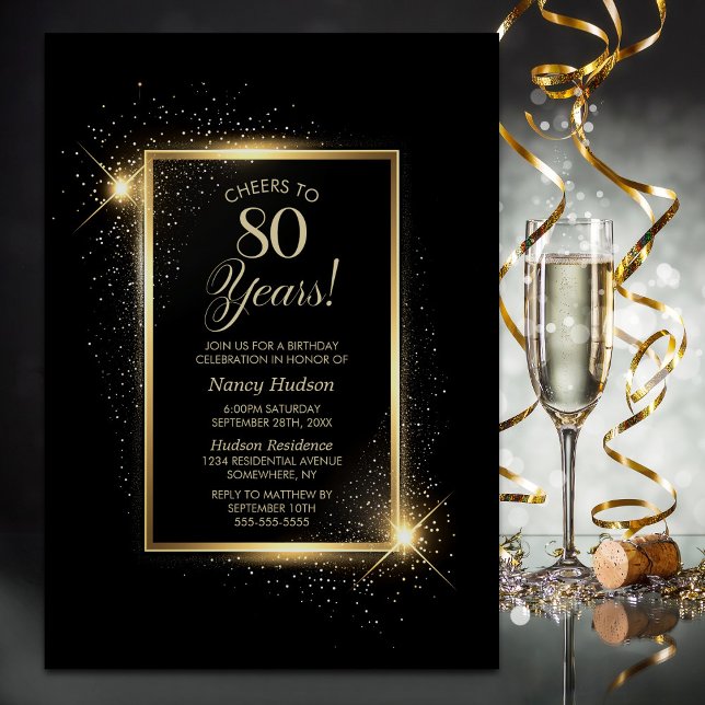 Cheers to 80 Years Black Gold Birthday Party Invitation (Creator Uploaded)