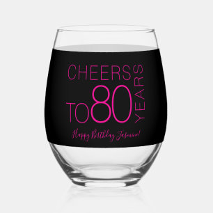 Cheers to 80 years Black Pink Elegant Birthday Stemless Wine Glass