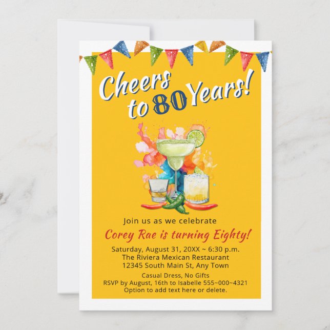 Cheers to 80 Years Modern 80th Birthday  Fiesta Invitation (Front)