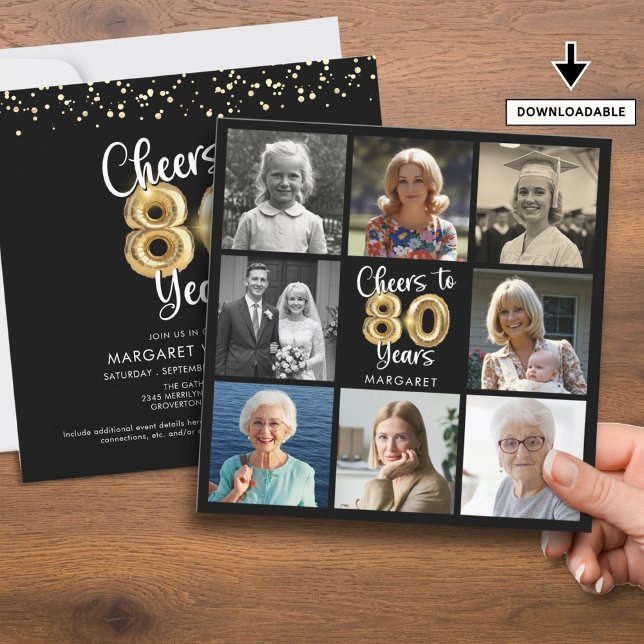 Cheers to 80 Years Photo Collage Balloons Birthday Invitation (Creator Uploaded)