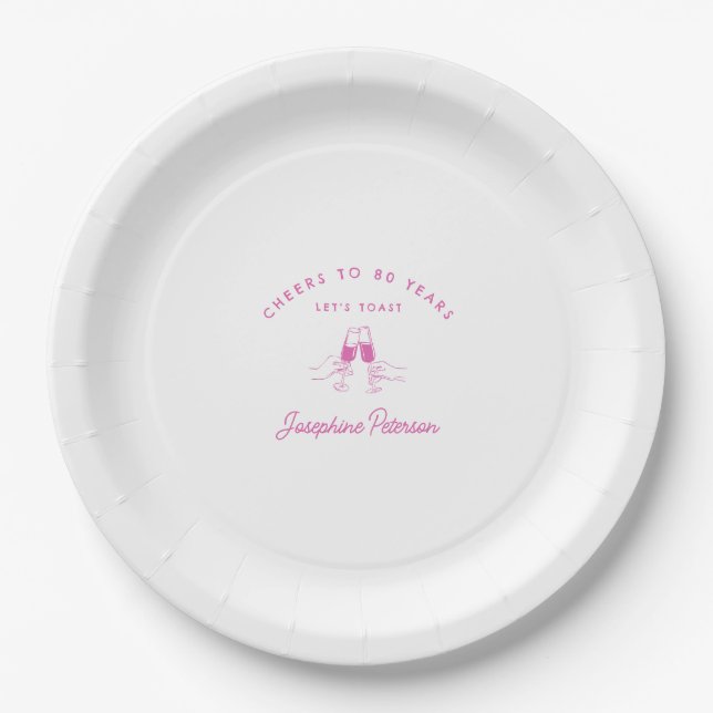 Cheers to 80 Years Pink 80th Birthday Custom Paper Plate (Front)