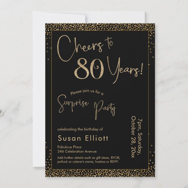 Cheers to 80 Years Surprise Birthday Party Black Invitation (Front)