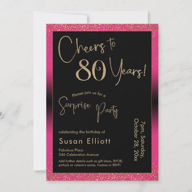 Cheers to 80 Years Surprise Birthday Party, Pink Invitation (Front)