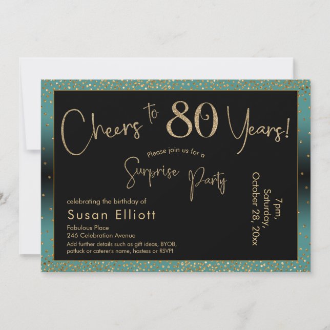 Cheers to 80 Years Surprise Birthday Teal and Gold Invitation (Front)