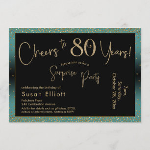 Cheers to 80 Years Surprise Birthday Teal and Gold Invitation