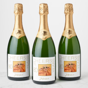 Cheers to 80 years White Gold Photo Elegant Sparkling Wine Label