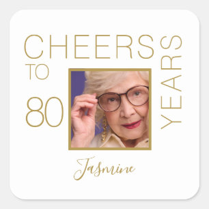 Cheers to 80 years White Gold Photo Elegant Square Sticker