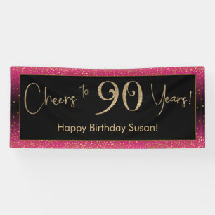 Cheers to 90 Years Birthday, Deep Pink Gold Black Banner