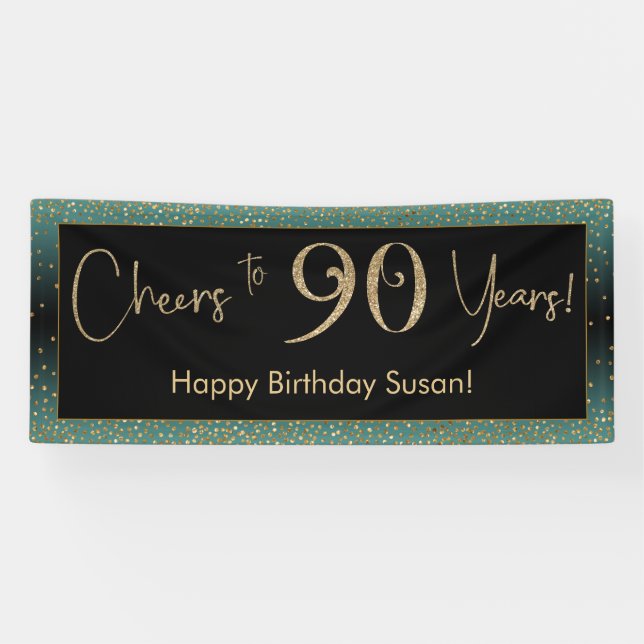 Cheers to 90 Years Birthday, Light Teal Gold Black Banner (Horizontal)