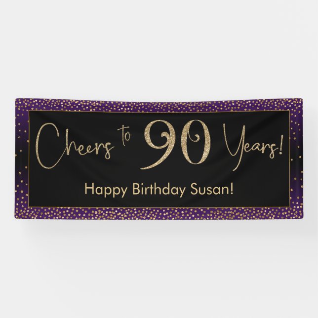 Cheers to 90 Years Birthday, Purple, Gold & Black Banner (Horizontal)