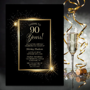 Cheers to 90 Years Black Gold Birthday Party Invitation