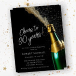 Cheers to 90 Years Champagne Bottle Birthday Invitation<br><div class="desc">Perfect 90th birthday invitation. An open champagne bottle with escaping bubbles creates a festive design. Cheers to 90 years is written in a modern and trendy script. The birthday details follow below. The white text pops against the black background. All of the text can be edited so you can really...</div>