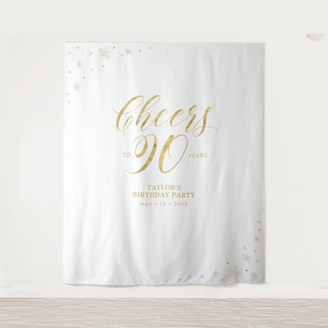 Cheers to 90 years, Gold 90th Birthday Party Tapestry (Front)