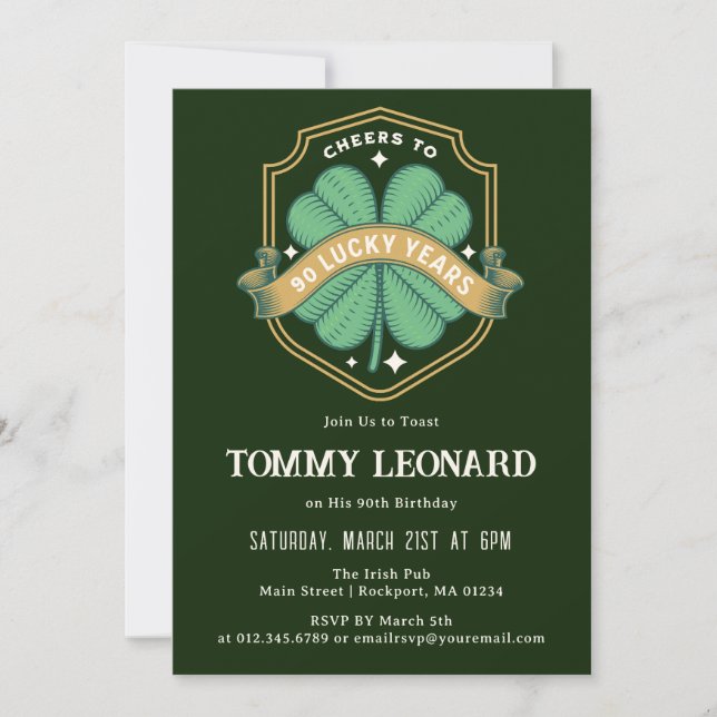 Cheers to 90 Years Lucky Shamrock Birthday Invitation (Front)