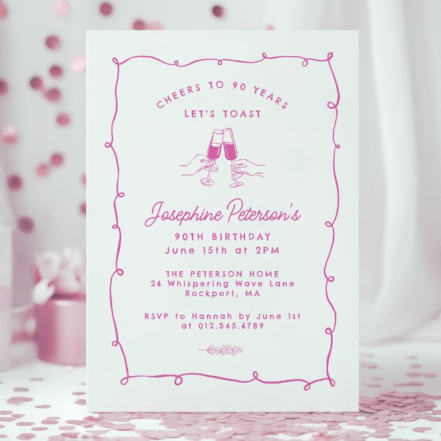 Cheers to 90 Years Pink Whimsical Doodle  Invitation (Creator Uploaded)