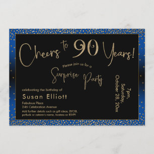 Cheers to 90 Years Surprise Birthday Gold & Blue Invitation