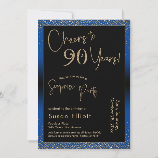 Cheers to 90 Years Surprise Birthday Party Blue Invitation (Front)