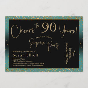 Cheers to 90 Years Surprise Birthday Teal and Gold Invitation