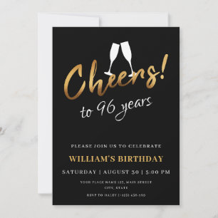 Cheers to 96 Years Gold Black Adult Birthday Photo Invitation