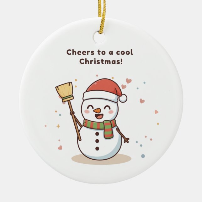 Cheers to a Cool Christmas Snowman Card Ceramic Ornament (Front)