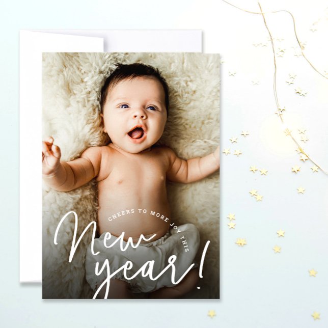 Cheers to a joyful New Year baby photo birth  Holiday Card (Cheers to joy this New year baby photo birth announcement greeting card.)