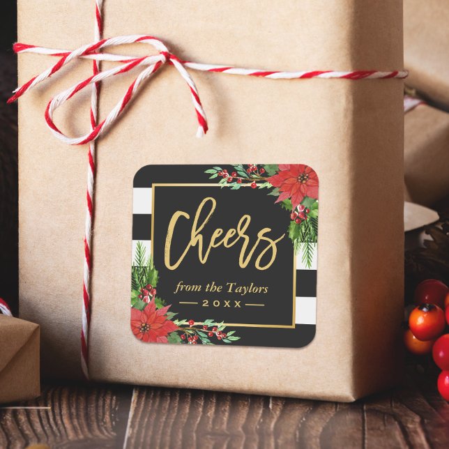 Cheers to a New Year Gold Script Poinsettia Floral Square Sticker (Creator Uploaded)