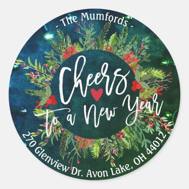 Cheers to a New Year Holly Wreath Address Labels (Front)