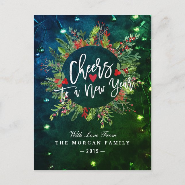 Cheers to a New Year Merry Christmas Holly Wreath Holiday Postcard (Front)
