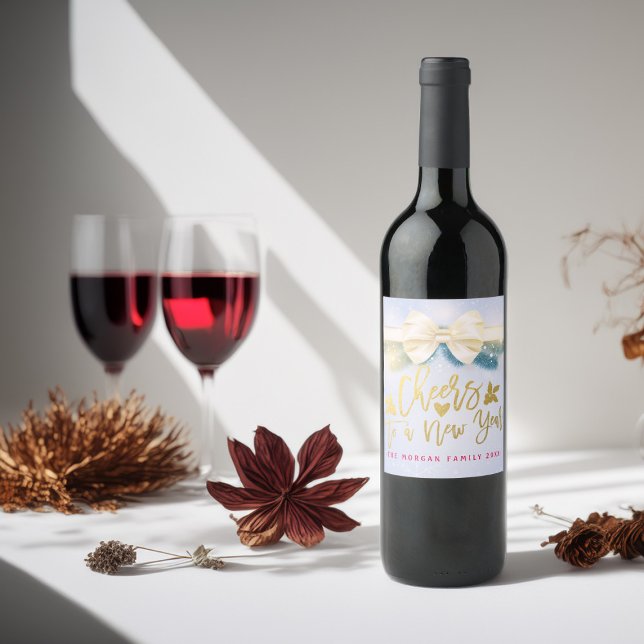 Cheers to a New Year Script Blue Gold Ribbon Pines Wine Label (Creator Uploaded)