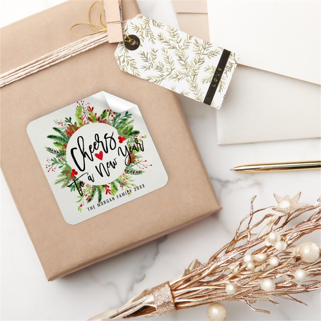 Cheers to a New Year Script Holly Wreath Greeting Square Sticker (Creator Uploaded)