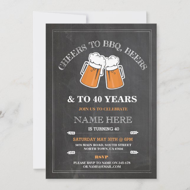 Cheers to BBQ, Beers Birthday Party Chalk Invite (Front)