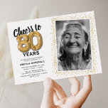 Cheers to Eighty Years 80th Birthday Photo Invitation<br><div class="desc">Celebrate the grand milestone of turning eighty with our elegant birthday party invitations. With a customisable trendy white background, a personal photo spot, and golden accents, these invitations are sure to leave a lasting impression. The gold helium balloon details add a touch of magic, while the modern 80th birthday text...</div>