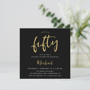 Cheers to Fifty Black Gold Square Invitation