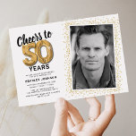 Cheers to Fifty Years 50th Birthday Photo Invitation<br><div class="desc">Celebrate the grand milestone of turning fifty with our elegant birthday party invitations. With a customisable trendy white background, a personal photo spot, and golden accents, these invitations are sure to leave a lasting impression. The gold helium balloon details add a touch of magic, while the modern 50th birthday text...</div>
