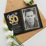 Cheers to Fifty Years 50th Birthday Photo Invitation<br><div class="desc">Celebrate the grand milestone of turning fifty with our elegant birthday party invitations. With a customisable trendy black background, a personal photo spot, and golden accents, these invitations are sure to leave a lasting impression. The gold helium balloon details add a touch of magic, while the modern 50th birthday text...</div>