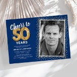Cheers to Fifty Years 50th Birthday Photo Invitation<br><div class="desc">Celebrate the grand milestone of turning fifty with our elegant birthday party invitations. With a customisable trendy blue background, a personal photo spot, and golden accents, these invitations are sure to leave a lasting impression. The gold helium balloon details add a touch of magic, while the modern 50th birthday text...</div>