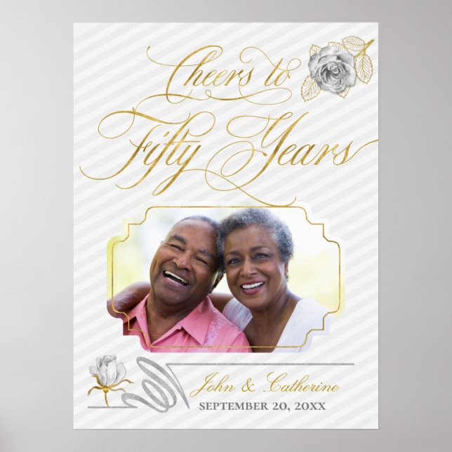Cheers to Fifty Years Gold and Stripes with Photo Poster (Front)