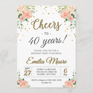 Cheers to Forty Years Ladies 40th Birthday Party Invitation