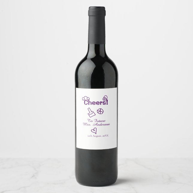 Cheers to future Mrs add bride name purple doodle Wine Label (Front)