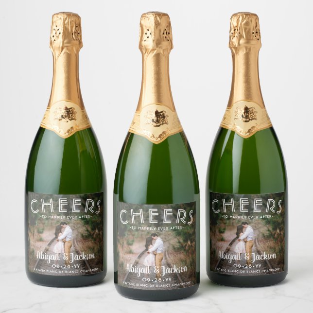 Cheers to Happily Ever After Photo Wedding Favour Sparkling Wine Label (Bottles)