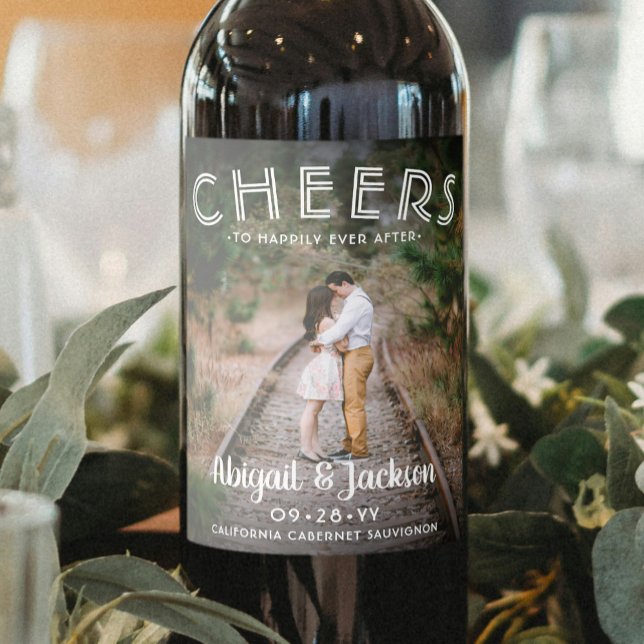 Cheers to Happily Ever After Photo Wedding Favour Wine Label (Creator Uploaded)