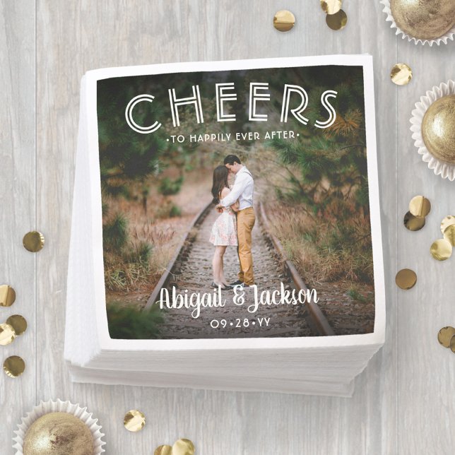 Cheers to Happily Ever After Stylish Photo Wedding Napkin (Creator Uploaded)