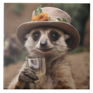 "Cheers to Life: Gran Meerkat Enjoys Glass Of Wine Ceramic Tile