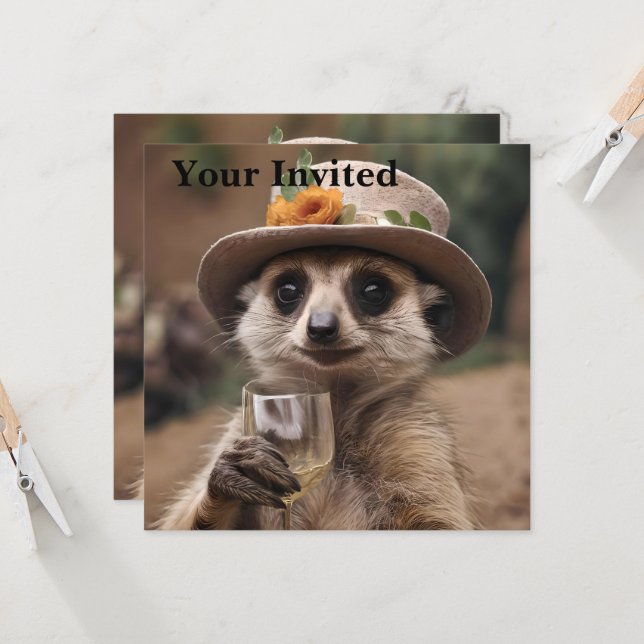 "Cheers to Life: Gran Meerkat Enjoys Glass Of Wine Invitation (Front/Back In Situ)