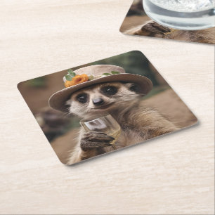 "Cheers to Life: Gran Meerkat Enjoys Glass Of Wine Square Paper Coaster