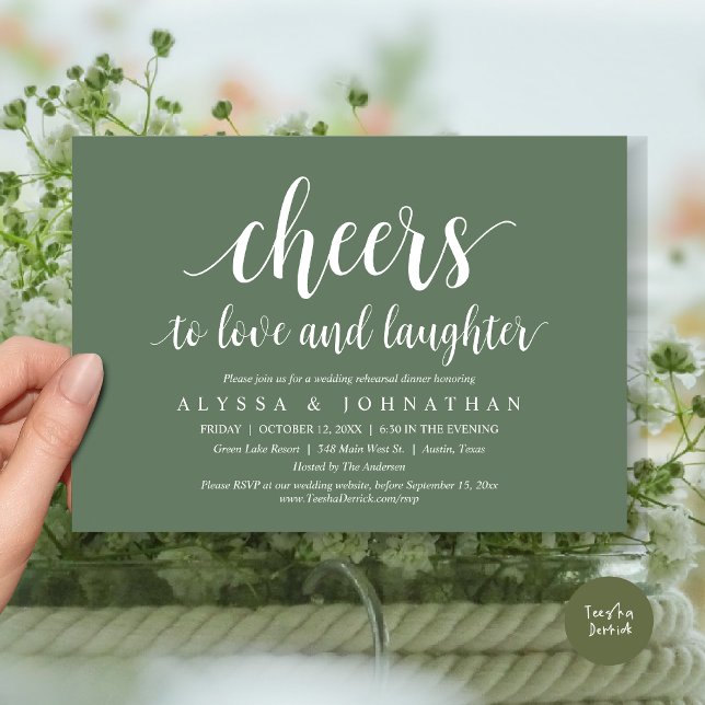 Cheers to love and laughter, Wedding Rehearsal Invitation (Cheers to love and laughter, Modern Wedding Rehearsal Dinner Invitation Card, PDF, Forest sage Green)