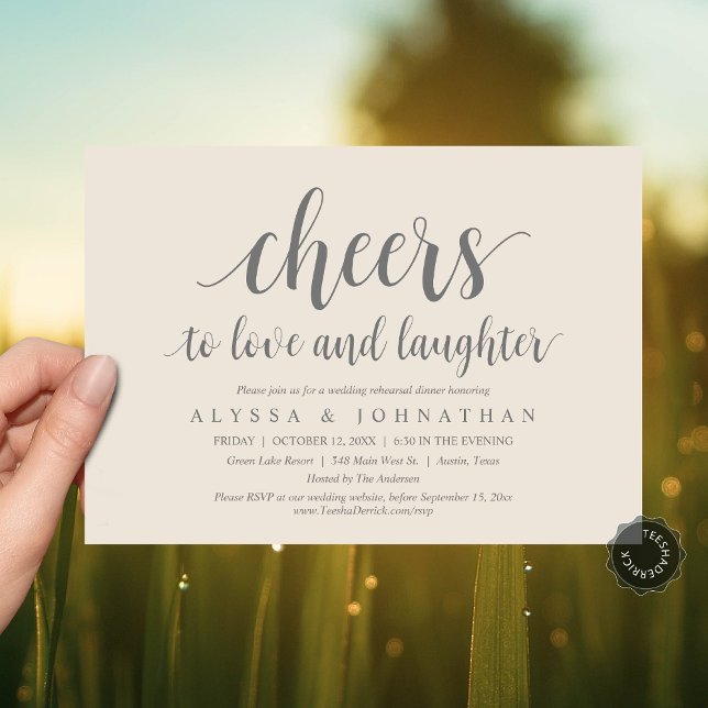 Cheers to love and laughter, Wedding Rehearsal Invitation (Cheers to love and laughter, Modern Wedding Rehearsal Dinner Invitation Card, PDF, Dark Grey Cream)