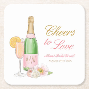 Cheers To Love Bridal Brunch and Bubbly Square Paper Coaster